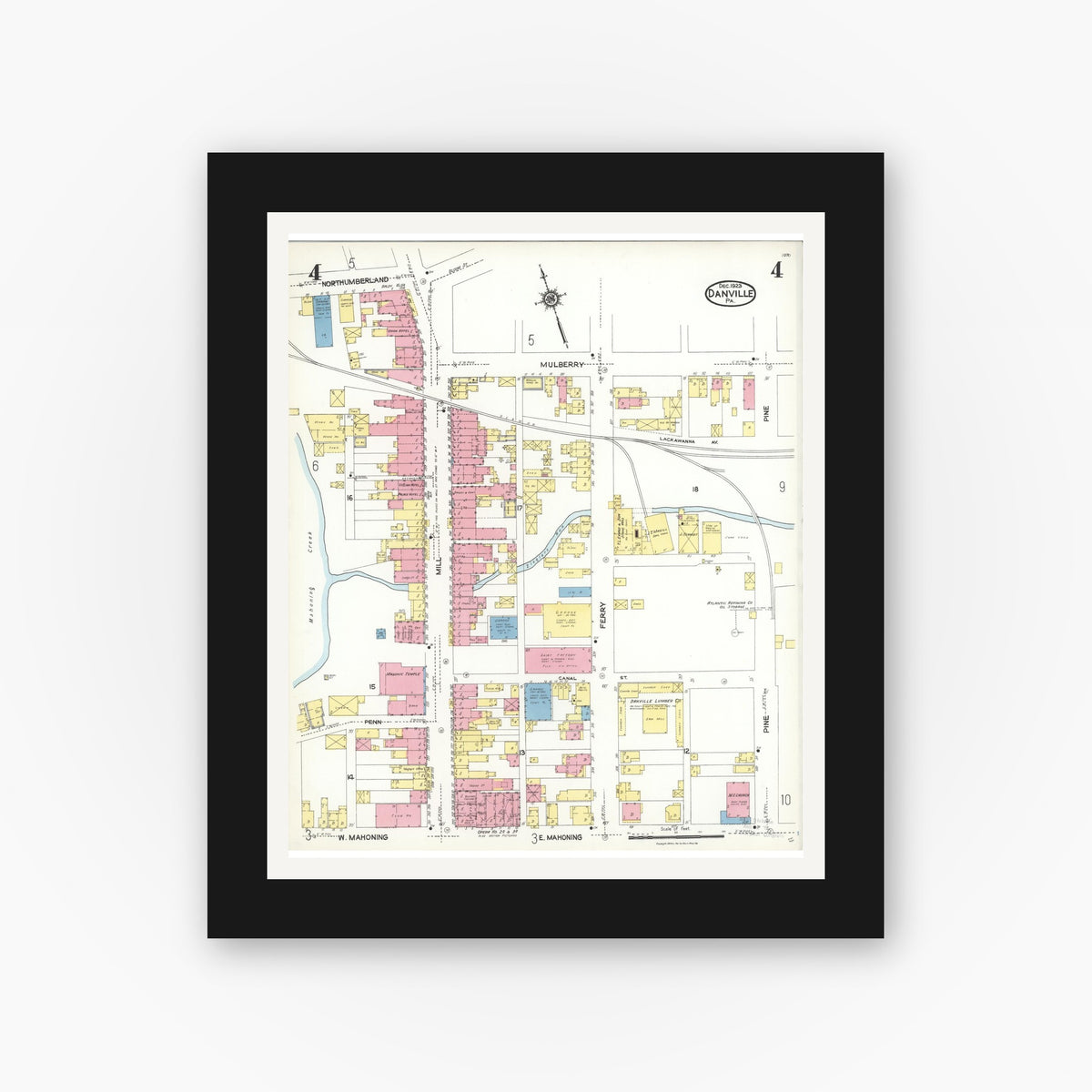 Old map wall art mockup — black gallery frame with white mat — Sanborn Fire Insurance Map from Danville, Montour County, Pennsylvania (1923), Sheet #0004