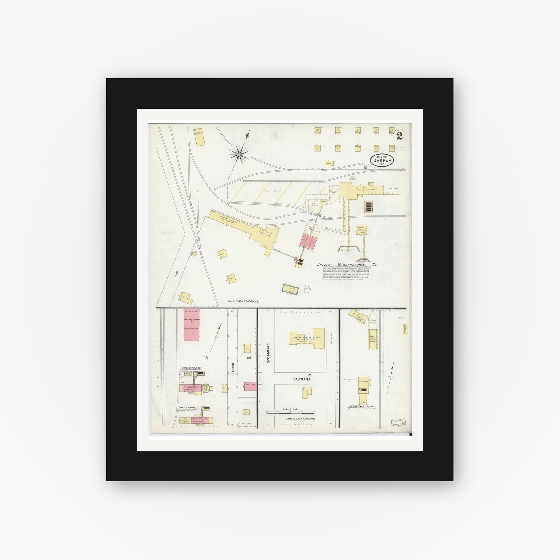 Old map wall art mockup — black gallery frame with white mat — Sanborn Fire Insurance Map from Jasper, Hamilton County, Florida (1909), Sheet #0002