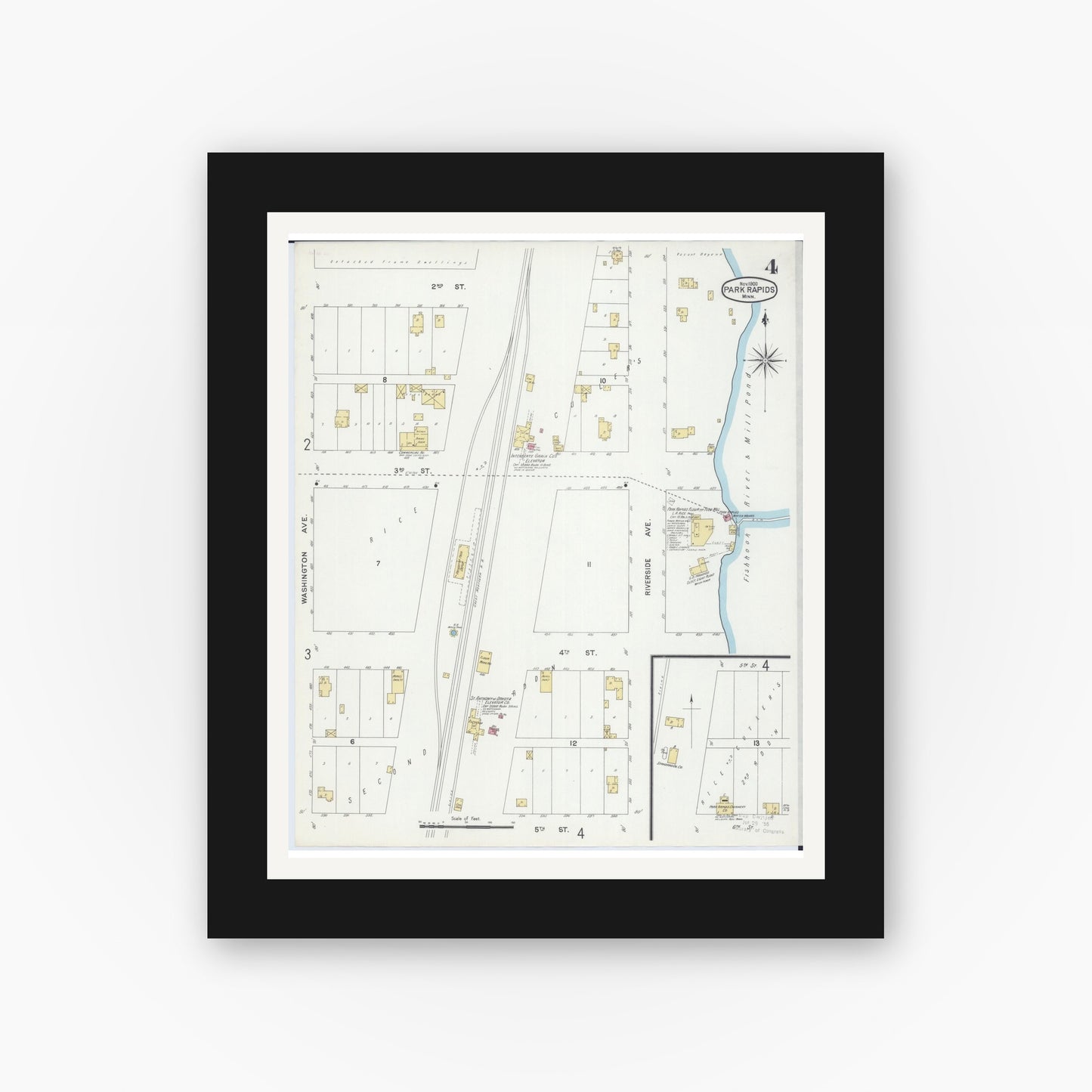 Old map wall art mockup — black gallery frame with white mat — Sanborn Fire Insurance Map from Park Rapids, Hubbard County, Minnesota (1900), Sheet #0004