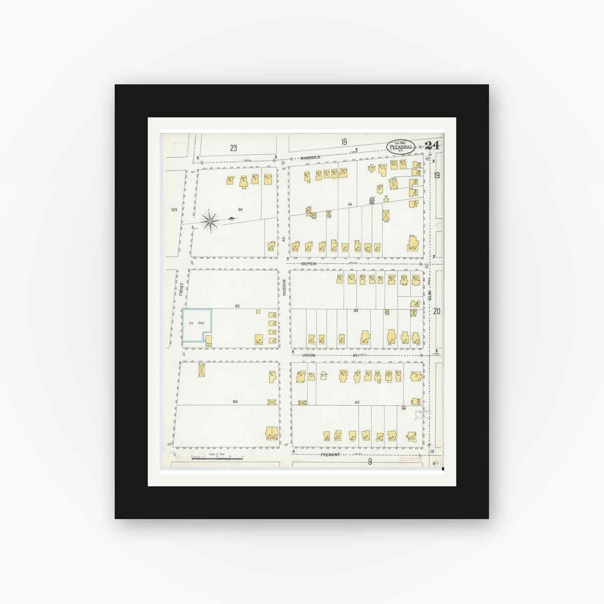 Old map wall art mockup — black gallery frame with white mat — Sanborn Fire Insurance Map from Peekskill, Westchester County, New York (1900), Sheet #0024
