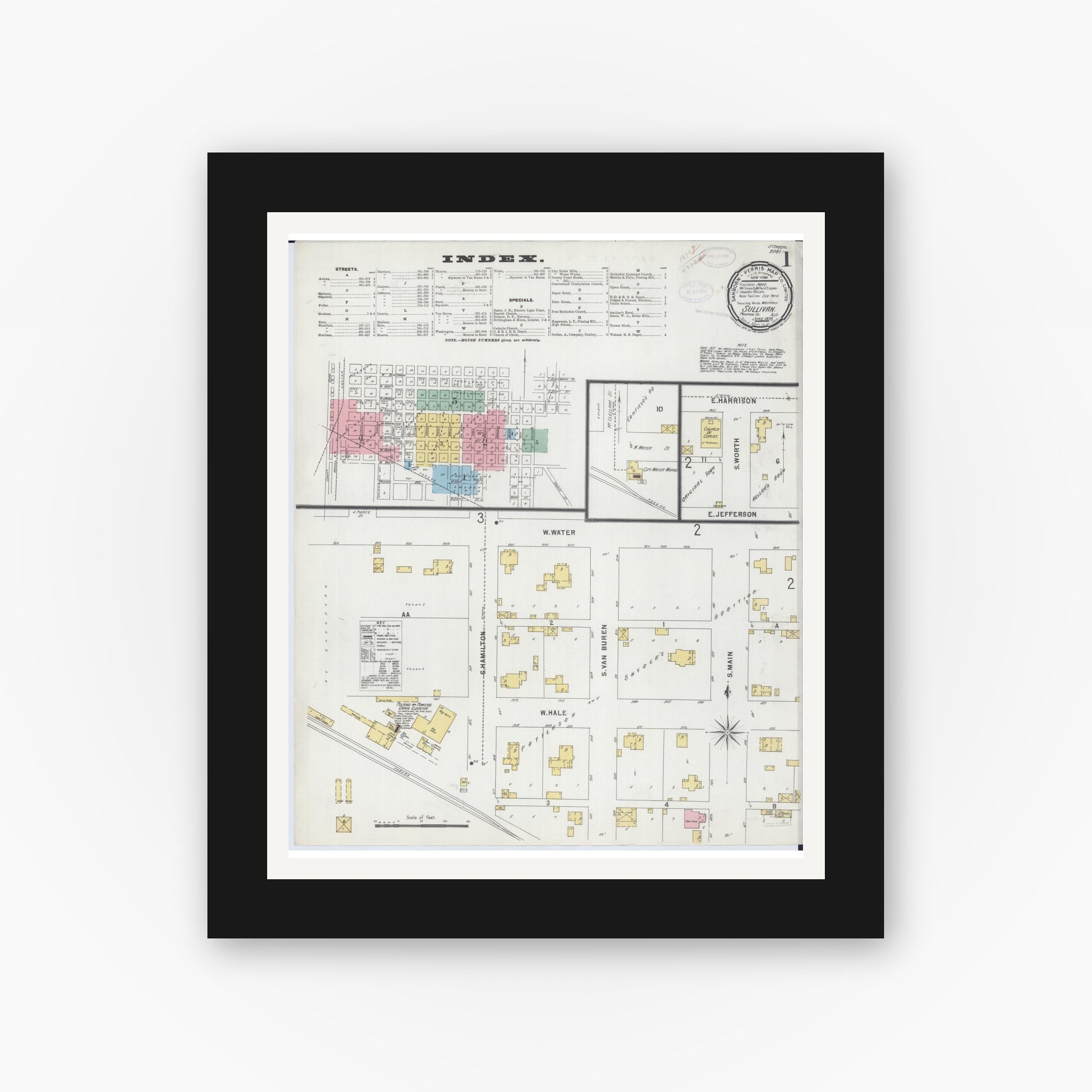 Old map wall art mockup — black gallery frame with white mat — Sanborn Fire Insurance Map from Sullivan, Moultrie County, Illinois (1898) - Complete Map Set