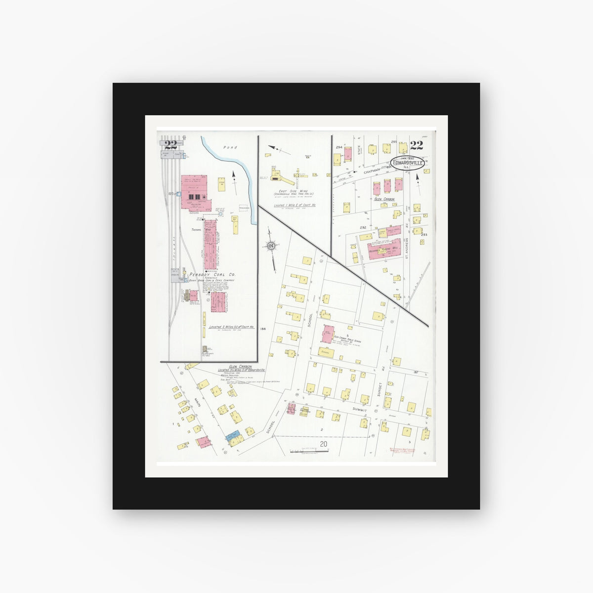 Old map wall art mockup — black gallery frame with white mat — Sanborn Fire Insurance Map from Edwardsville, Madison County, Illinois (1930), Sheet #0022