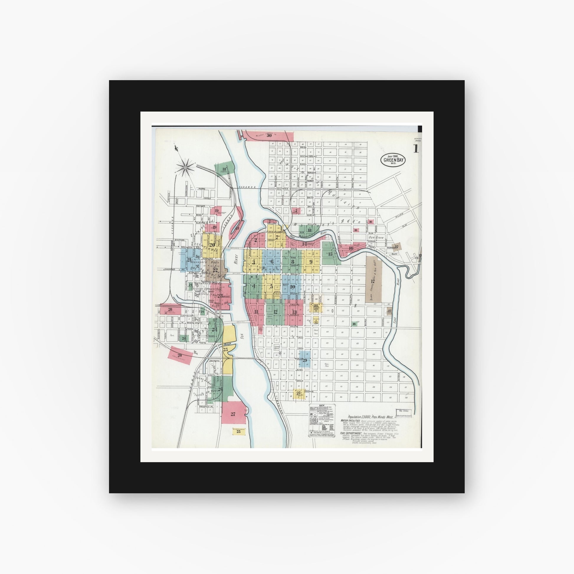 Old map wall art mockup — black gallery frame with white mat — Sanborn Fire Insurance Map from Green Bay, Brown County, Wisconsin (1900) - Complete Map Set