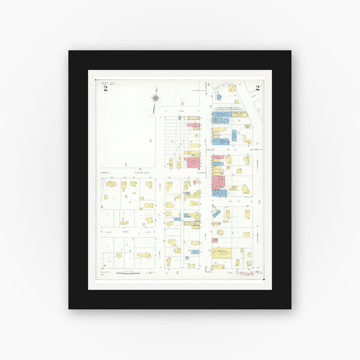 Old map wall art mockup — black gallery frame with white mat — Sanborn Fire Insurance Map from Lawton, Van Buren County, Michigan (1935), Sheet #0002