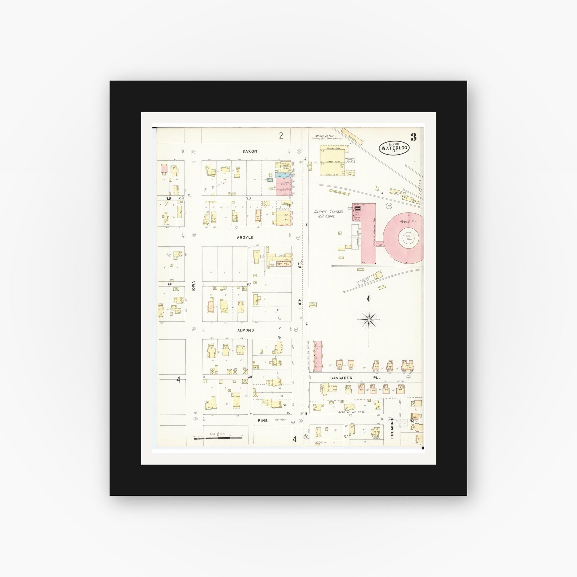 Old map wall art mockup — black gallery frame with white mat — Sanborn Fire Insurance Map from Waterloo, Black Hawk County, Iowa (1897), Sheet #0003