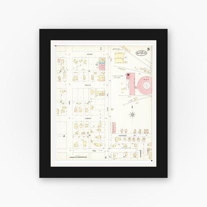 Old map wall art mockup — black gallery frame with white mat — Sanborn Fire Insurance Map from Waterloo, Black Hawk County, Iowa (1897), Sheet #0003
