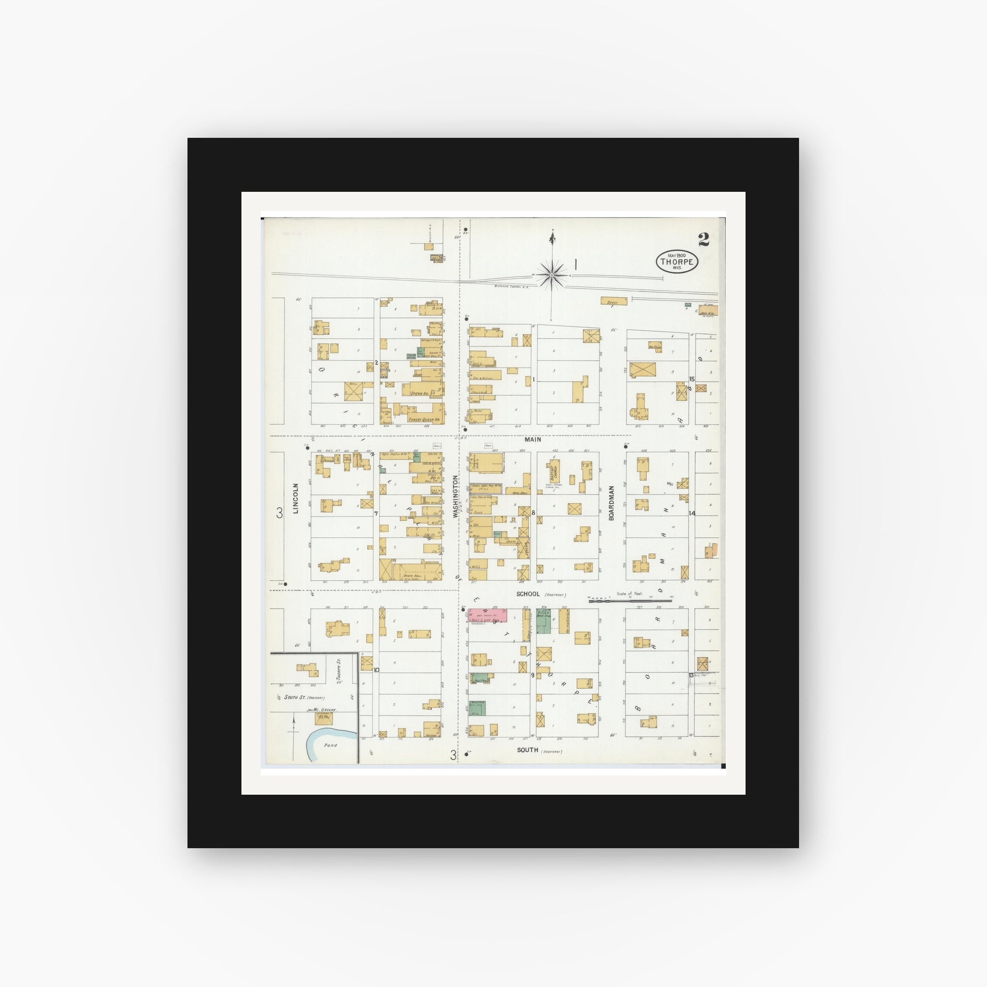Old map wall art mockup — black gallery frame with white mat — Sanborn Fire Insurance Map from Thorpe, Clark County, Wisconsin (1900), Sheet #0002