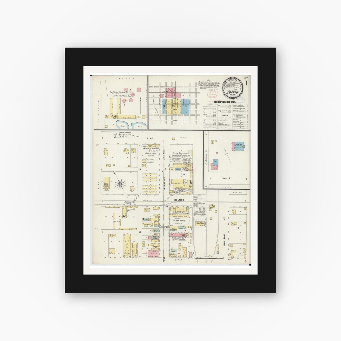 Old map wall art mockup — black gallery frame with white mat — Sanborn Fire Insurance Map from Paxton, Ford County, Illinois (1897) - Complete Map Set