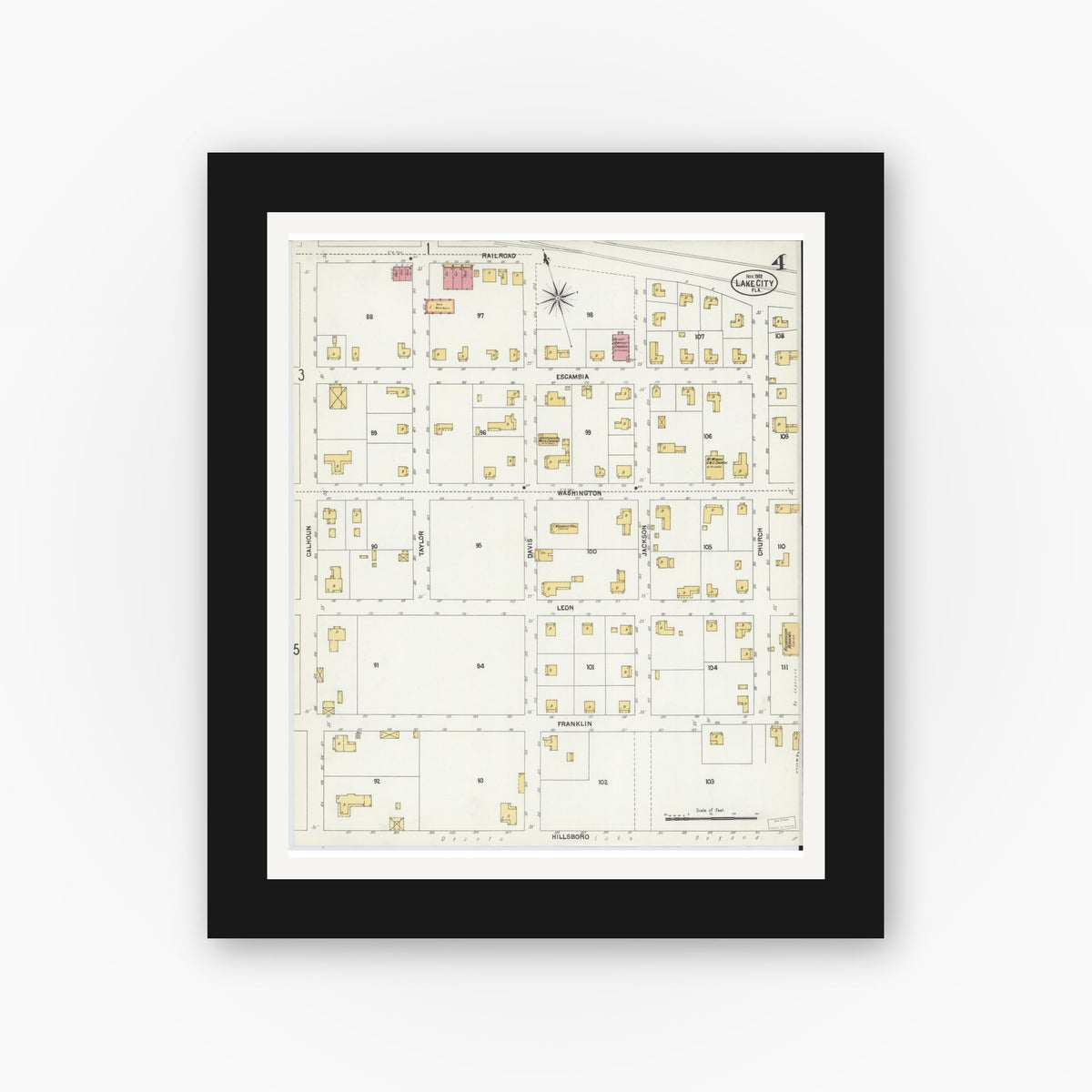 Old map wall art mockup — black gallery frame with white mat — Sanborn Fire Insurance Map from Lake City, Columbia County, Florida (1902), Sheet #0004