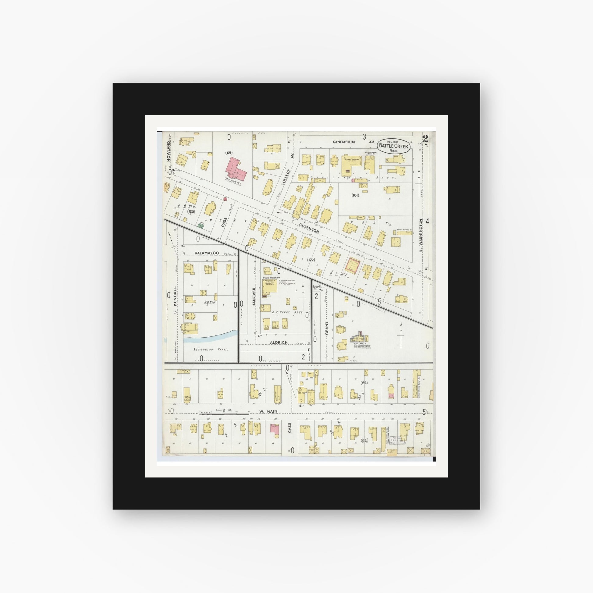 Old map wall art mockup — black gallery frame with white mat — Sanborn Fire Insurance Map from Battle Creek, Calhoun County, Michigan (1899), Sheet #0002