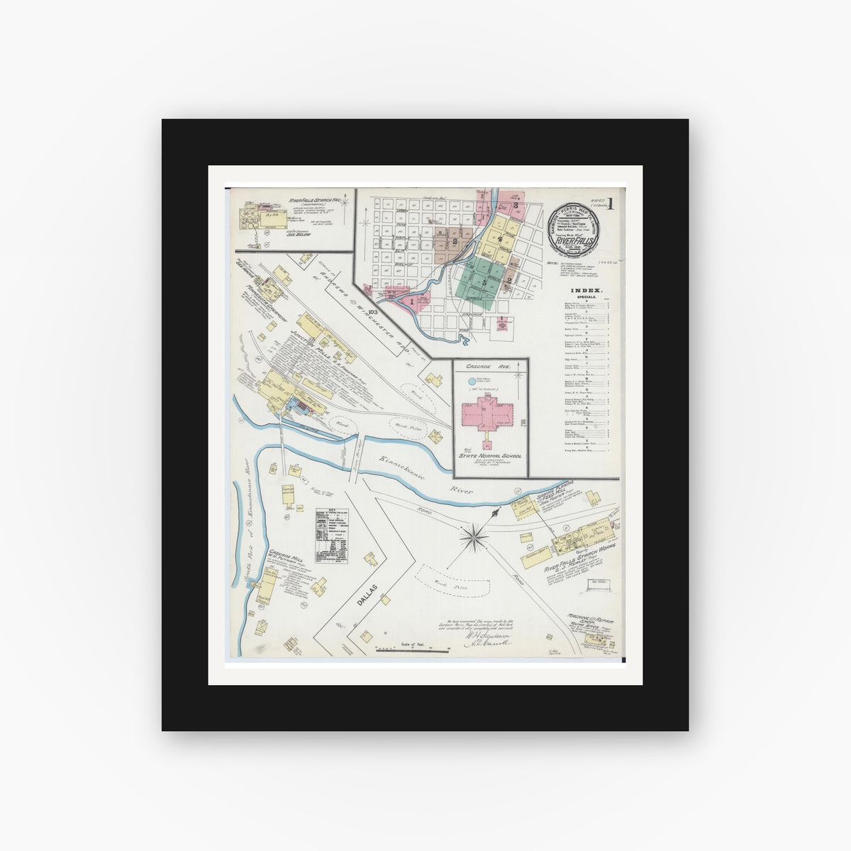 Old map wall art mockup — black gallery frame with white mat — Sanborn Fire Insurance Map from River Falls, St. Croix and Pierce Counties, Wisconsin (1891) - Complete Map Set
