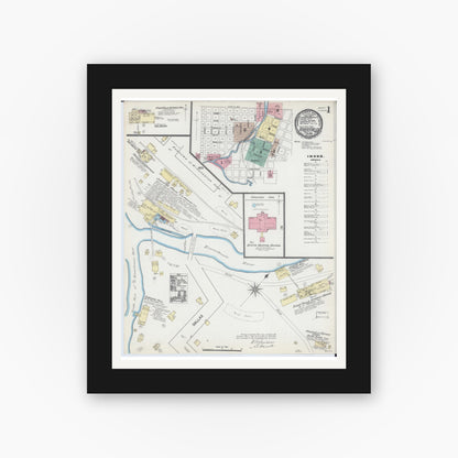 Old map wall art mockup — black gallery frame with white mat — Sanborn Fire Insurance Map from River Falls, St. Croix and Pierce Counties, Wisconsin (1891) - Complete Map Set