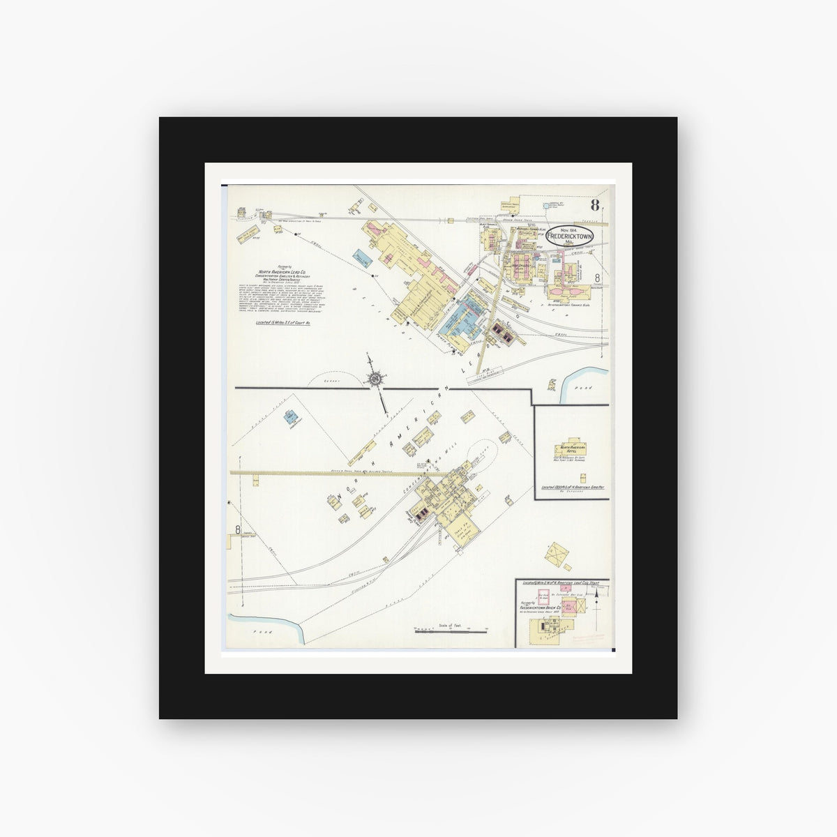 Old map wall art mockup — black gallery frame with white mat — Sanborn Fire Insurance Map from Fredericktown, Madison County, Missouri (1914), Sheet #0008