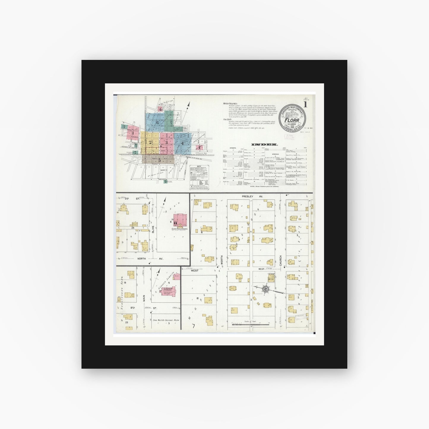 Old map wall art mockup — black gallery frame with white mat — Sanborn Fire Insurance Map from Flora, Clay County, Illinois (1912) - Complete Map Set