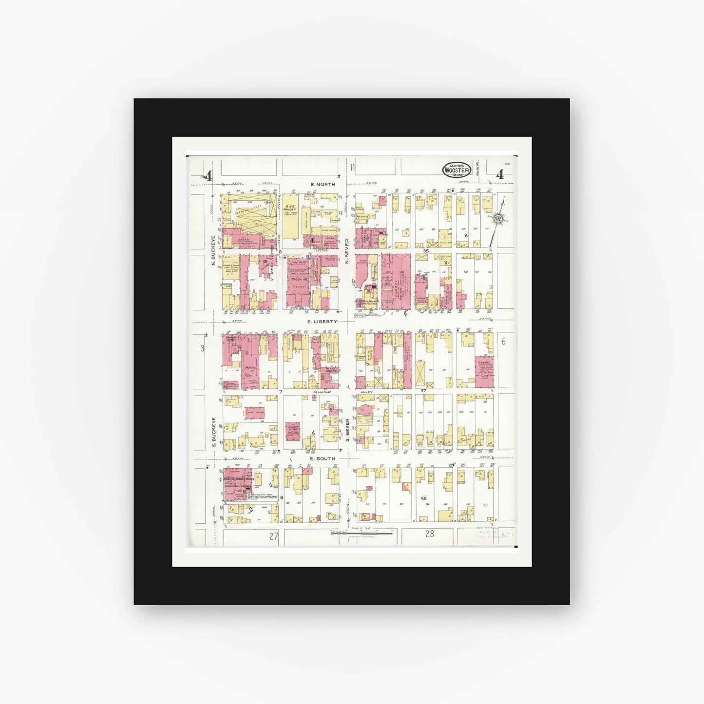 Old map wall art mockup — black gallery frame with white mat — Sanborn Fire Insurance Map from Wooster, Wayne County, Ohio (1923), Sheet #0004