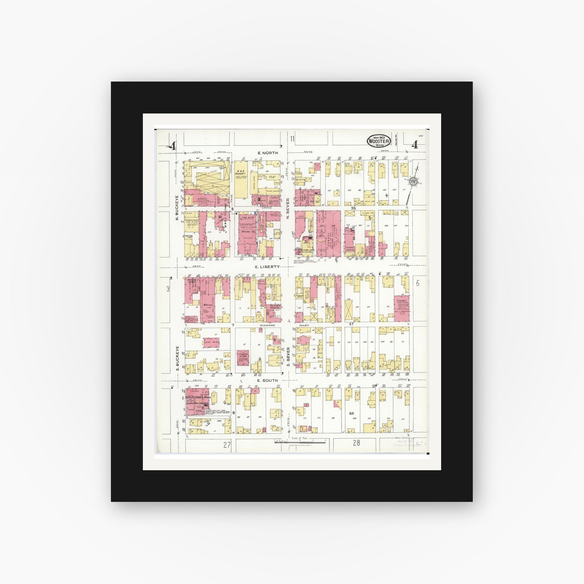Old map wall art mockup — black gallery frame with white mat — Sanborn Fire Insurance Map from Wooster, Wayne County, Ohio (1923), Sheet #0004