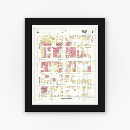 Old map wall art mockup — black gallery frame with white mat — Sanborn Fire Insurance Map from Wooster, Wayne County, Ohio (1923), Sheet #0004