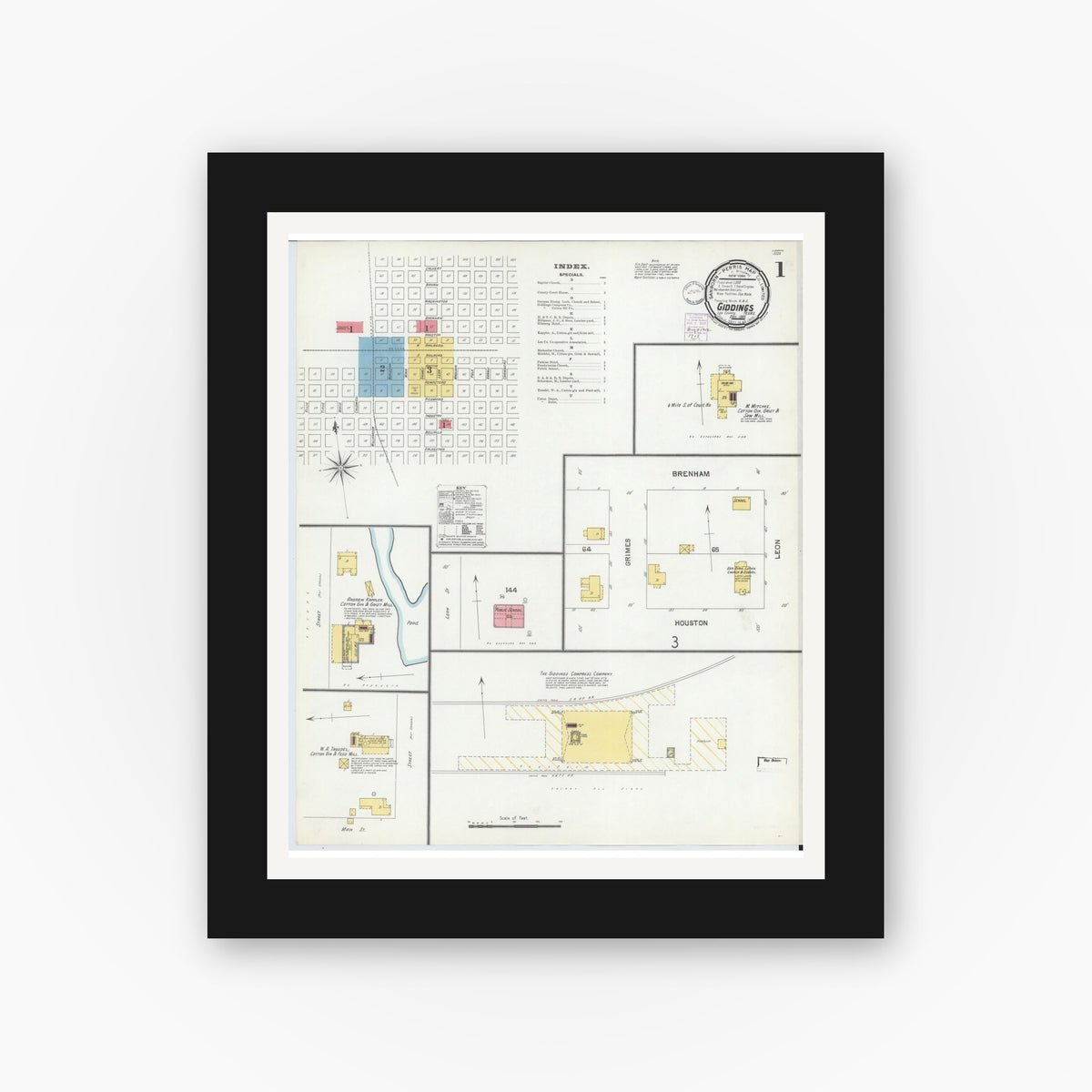 Old map wall art mockup — black gallery frame with white mat — Sanborn Fire Insurance Map from Giddings, Lee County, Texas (1901) - Complete Map Set
