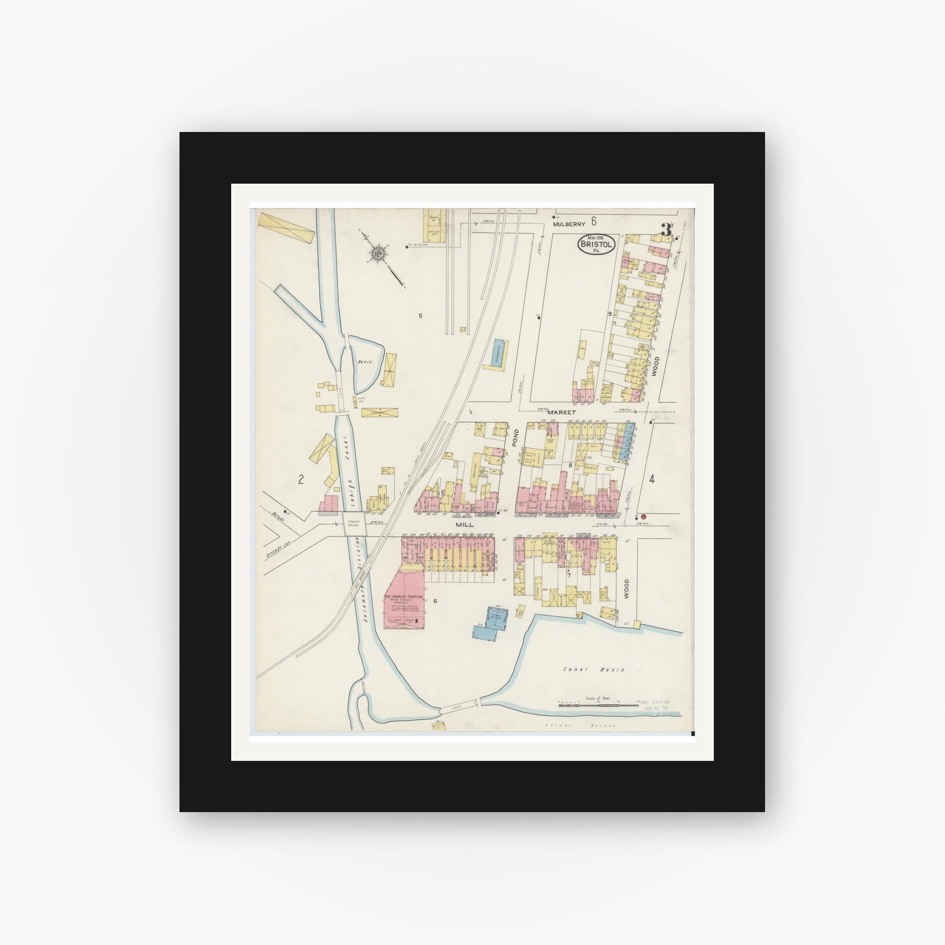 Old map wall art mockup — black gallery frame with white mat — Sanborn Fire Insurance Map from Bristol, Bucks County, Pennsylvania (1915), Sheet #0003