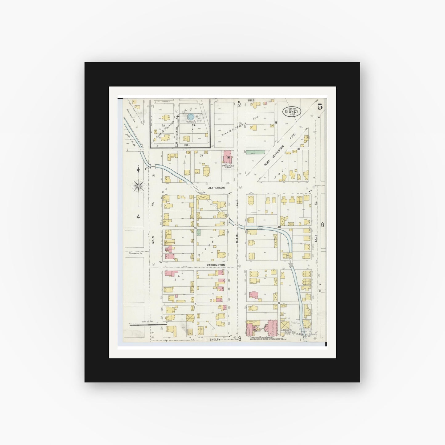 Old map wall art mockup — black gallery frame with white mat — Sanborn Fire Insurance Map from Sidney, Shelby County, Ohio (1898), Sheet #0005