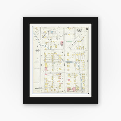 Old map wall art mockup — black gallery frame with white mat — Sanborn Fire Insurance Map from Sidney, Shelby County, Ohio (1898), Sheet #0005