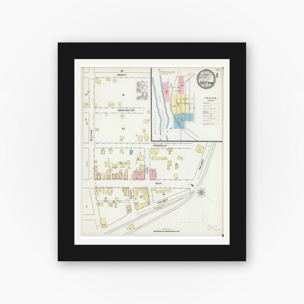 Old map wall art mockup — black gallery frame with white mat — Sanborn Fire Insurance Map from Great Bend, Susquehanna County, Pennsylvania (1892) - Complete Map Set