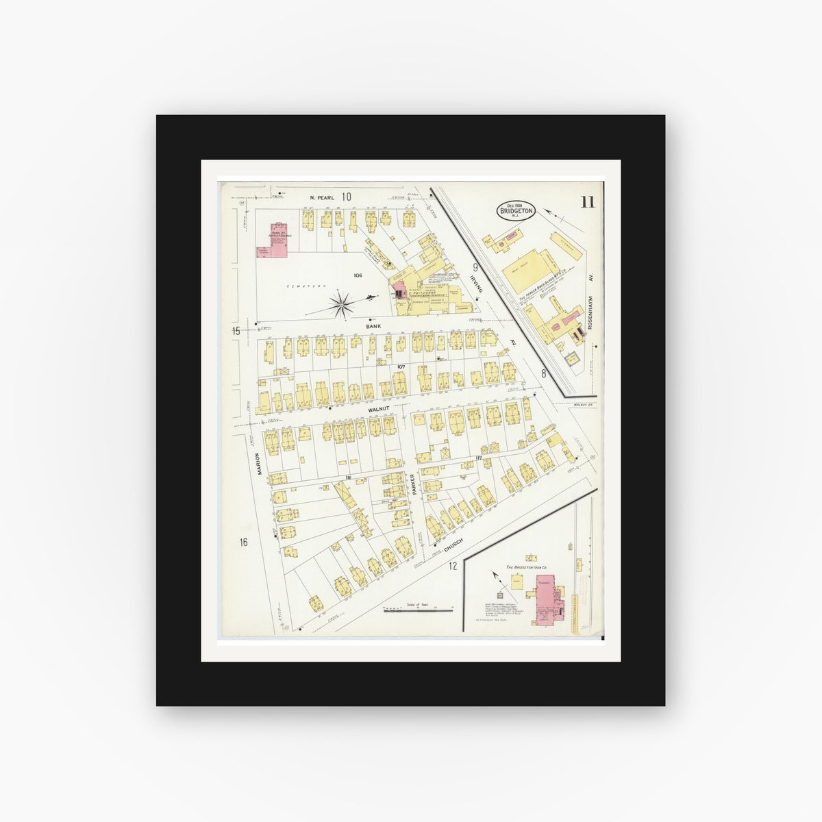 Old map wall art mockup — black gallery frame with white mat — Sanborn Fire Insurance Map from Bridgeton, Cumberland County, New Jersey (1908), Sheet #0011