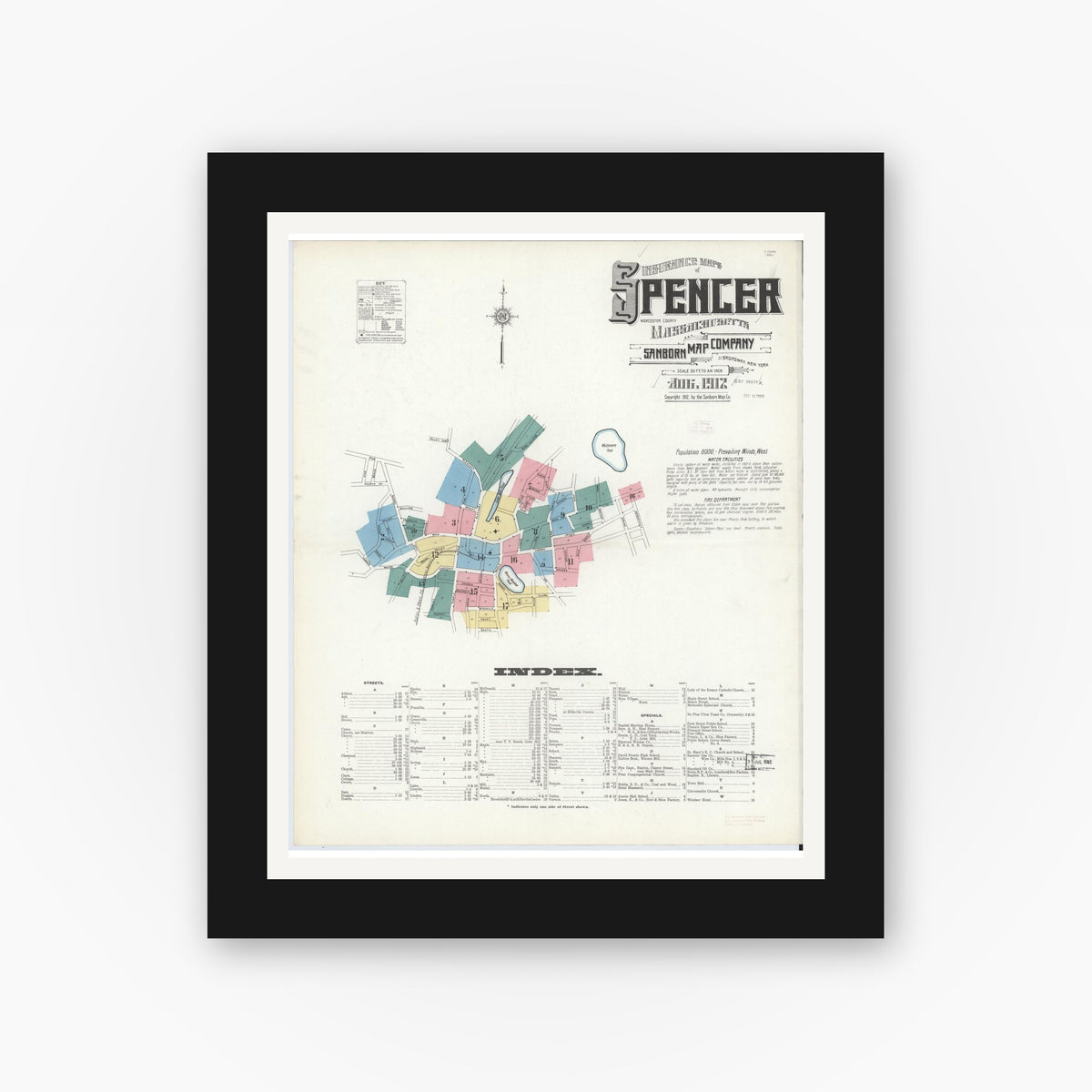 Old map wall art mockup — black gallery frame with white mat — Sanborn Fire Insurance Map from Spencer, Worcester County, Massachusetts (1912), Sheet #0001