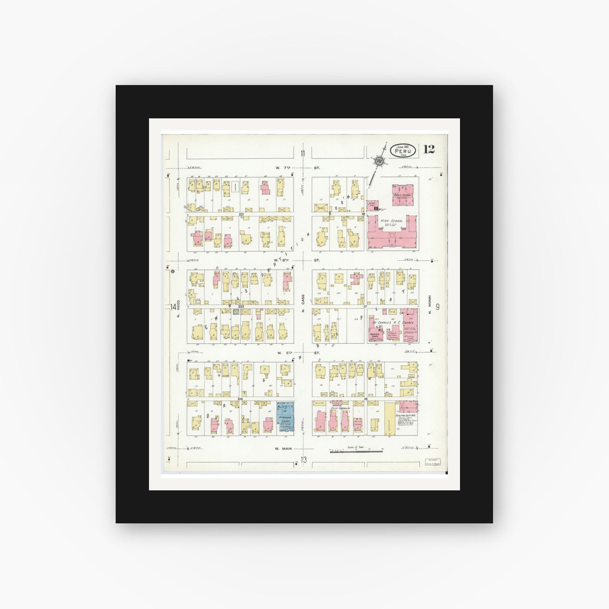 Old map wall art mockup — black gallery frame with white mat — Sanborn Fire Insurance Map from Peru, Miami County, Indiana (1912), Sheet #0012