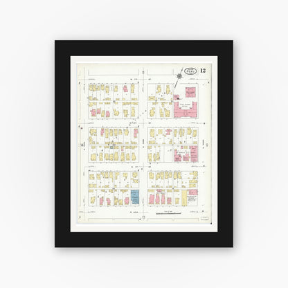 Old map wall art mockup — black gallery frame with white mat — Sanborn Fire Insurance Map from Peru, Miami County, Indiana (1912), Sheet #0012