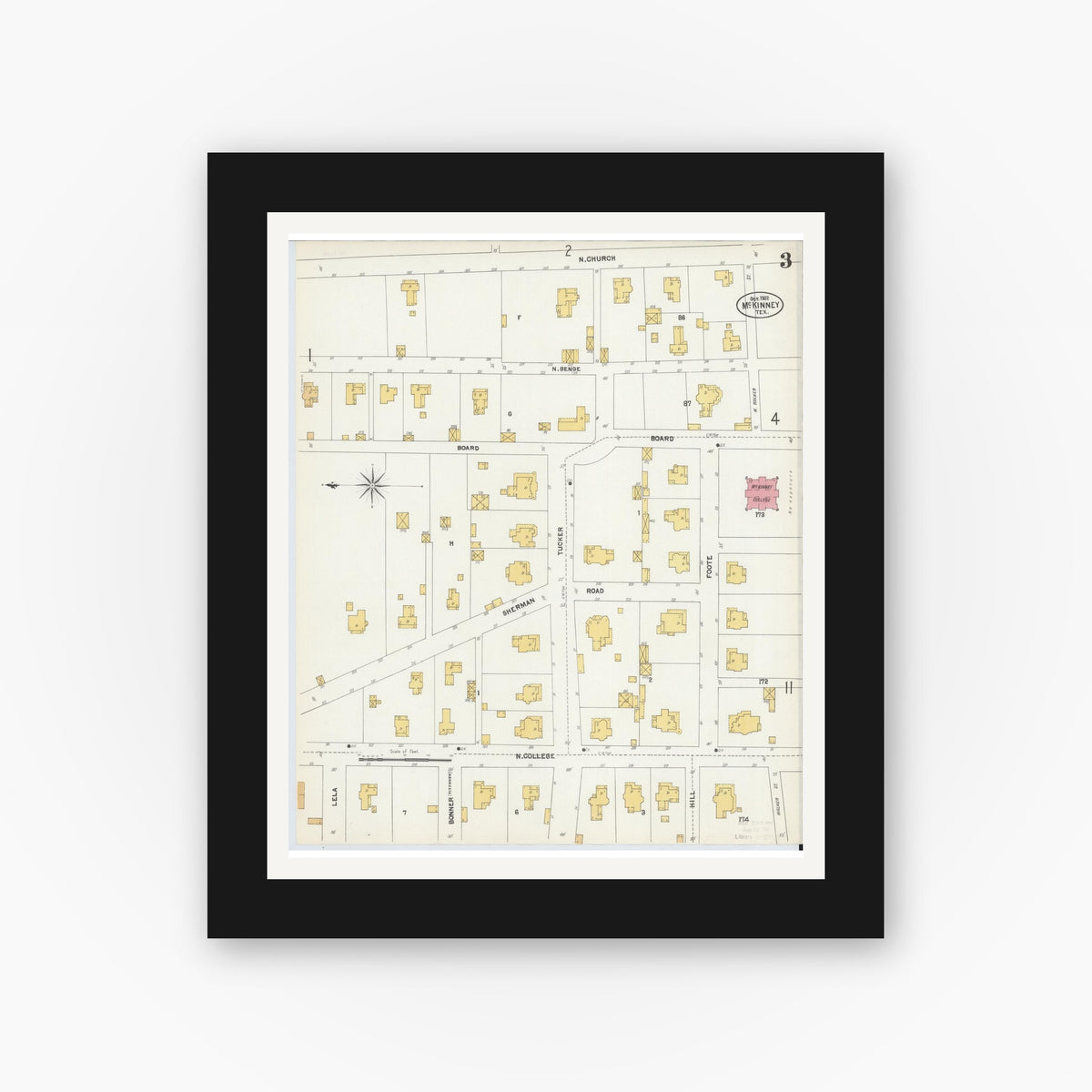 Old map wall art mockup — black gallery frame with white mat — Sanborn Fire Insurance Map from McKinney, Collin County, Texas (1902), Sheet #0003