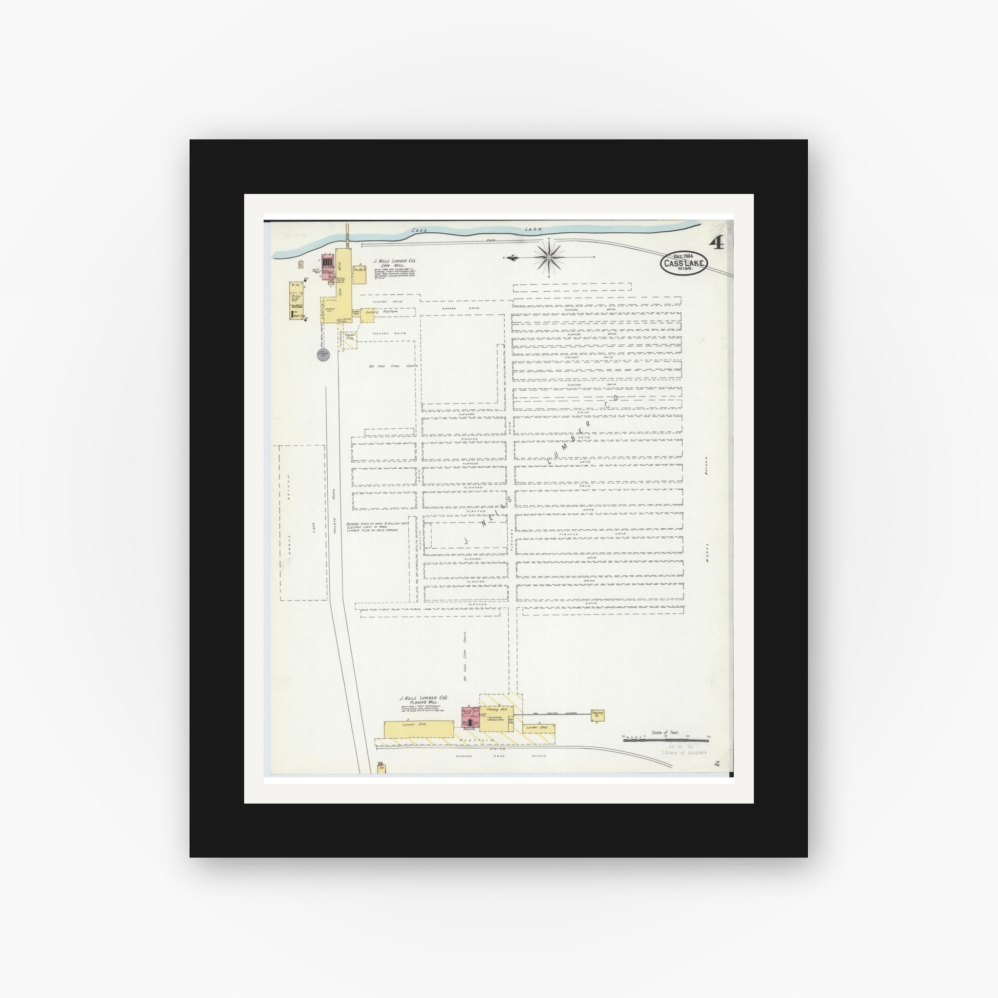 Old map wall art mockup — black gallery frame with white mat — Sanborn Fire Insurance Map from Cass Lake, Cass County, Minnesota (1904), Sheet #0004