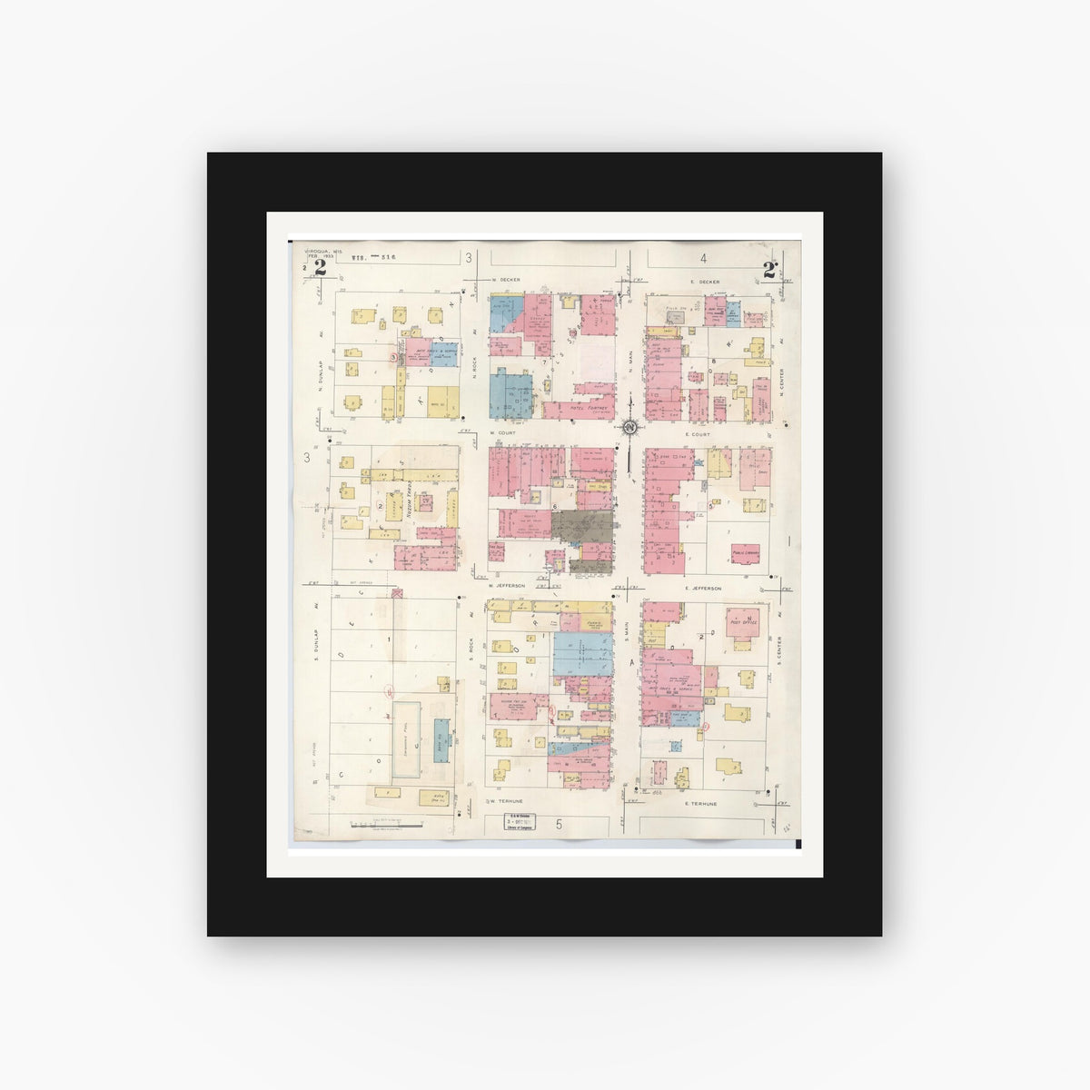 Old map wall art mockup — black gallery frame with white mat — Sanborn Fire Insurance Map from Viroqua, Vernon County, Wisconsin (1949), Sheet #0002