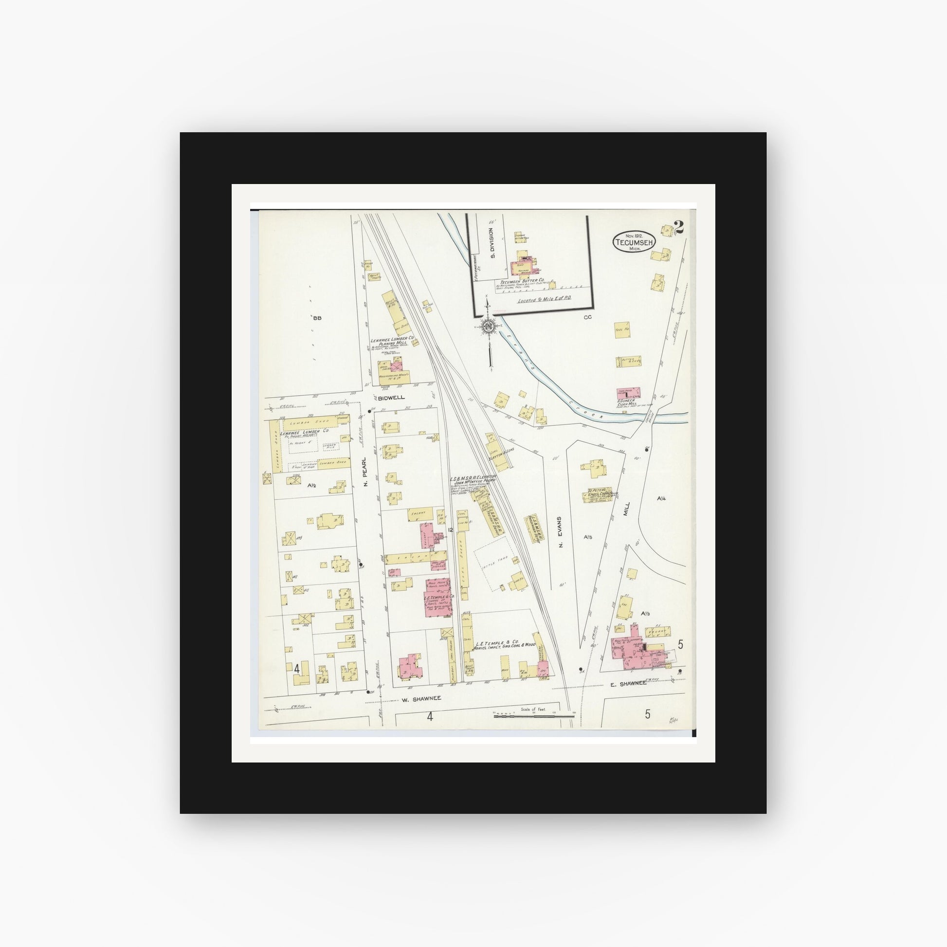 Old map wall art mockup — black gallery frame with white mat — Sanborn Fire Insurance Map from Tecumseh, Lenawee County, Michigan (1912), Sheet #0002