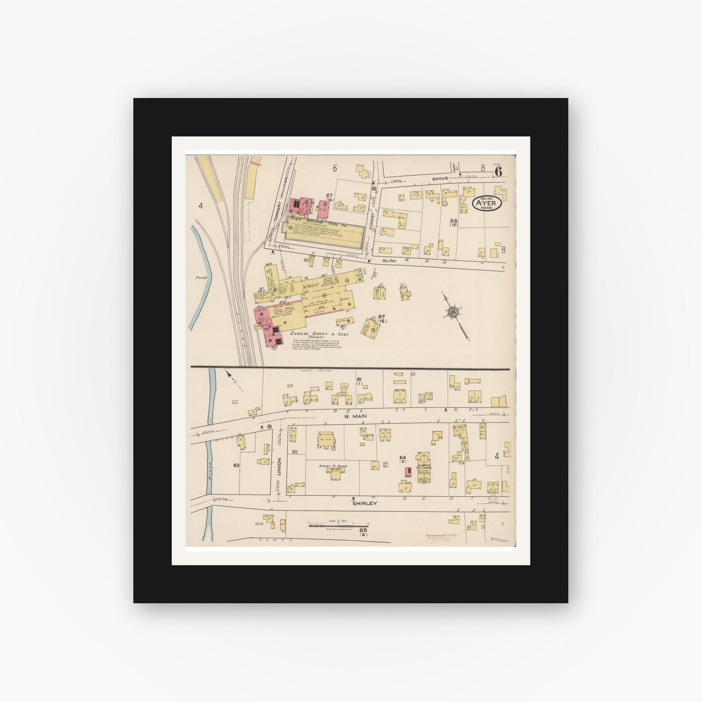Old map wall art mockup — black gallery frame with white mat — Sanborn Fire Insurance Map from Ayer, Middlesex County, Massachusetts (1921), Sheet #0006