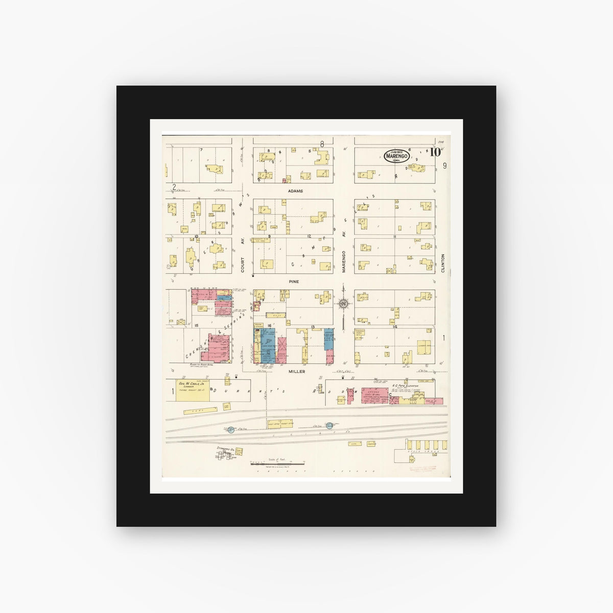 Old map wall art mockup — black gallery frame with white mat — Sanborn Fire Insurance Map from Marengo, Iowa County, Iowa (1922), Sheet #0010