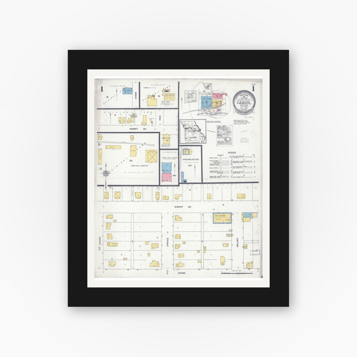 Old map wall art mockup — black gallery frame with white mat — Sanborn Fire Insurance Map from Cabool, Texas County, Missouri (1925) - Complete Map Set
