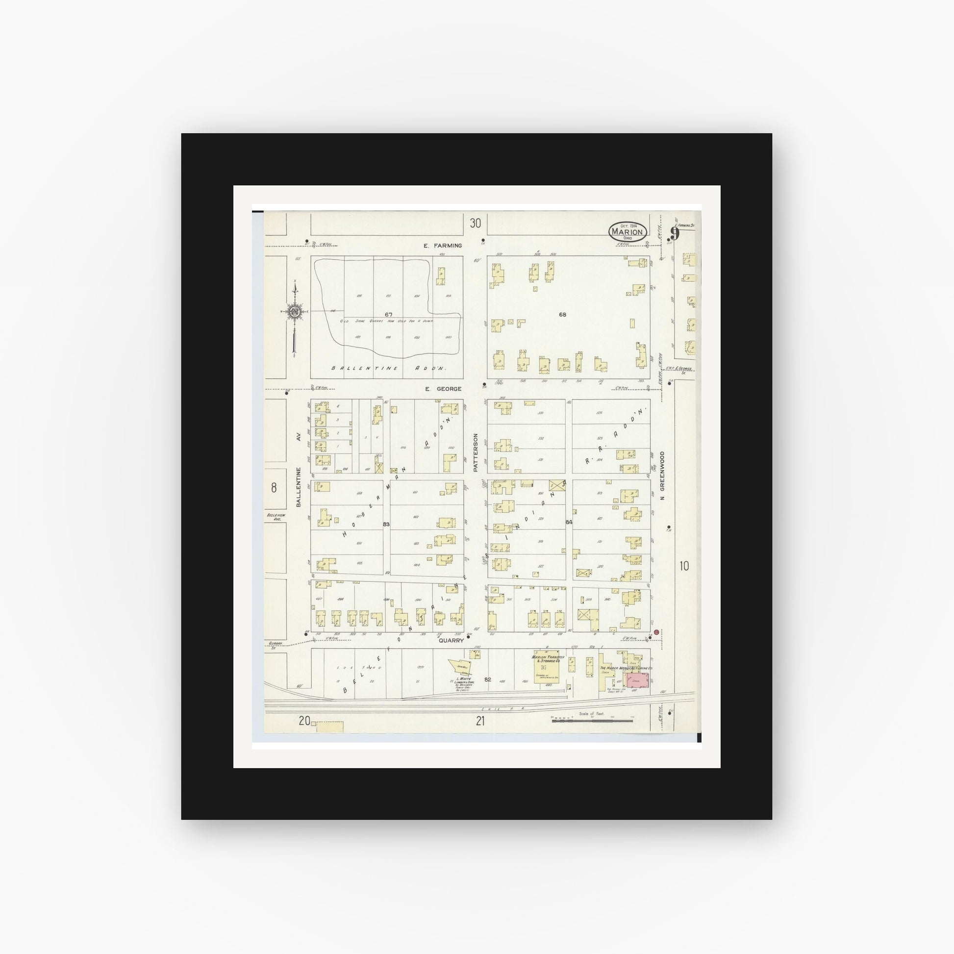 Old map wall art mockup — black gallery frame with white mat — Sanborn Fire Insurance Map from Marion, Marion County, Ohio (1914), Sheet #0009