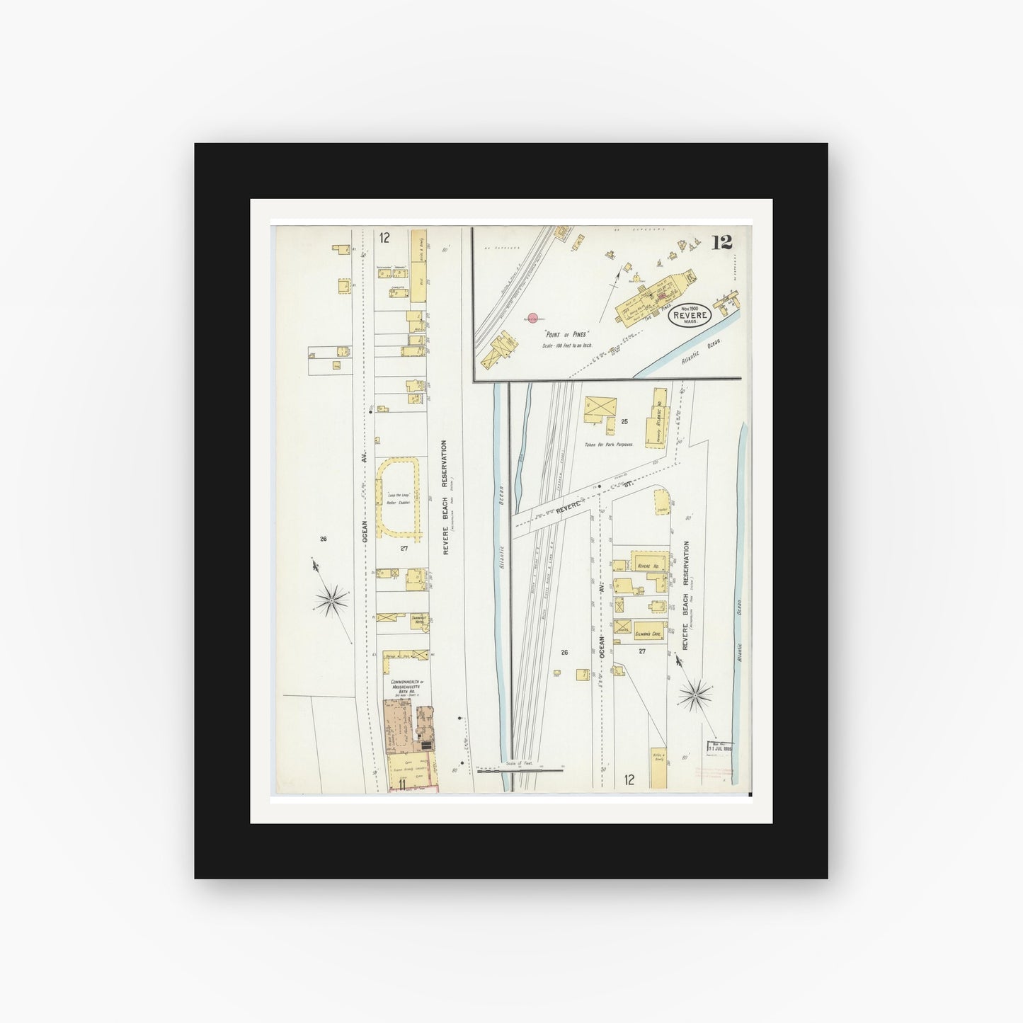 Old map wall art mockup — black gallery frame with white mat — Sanborn Fire Insurance Map from Revere, Suffolk County, Massachusetts (1900), Sheet #0012