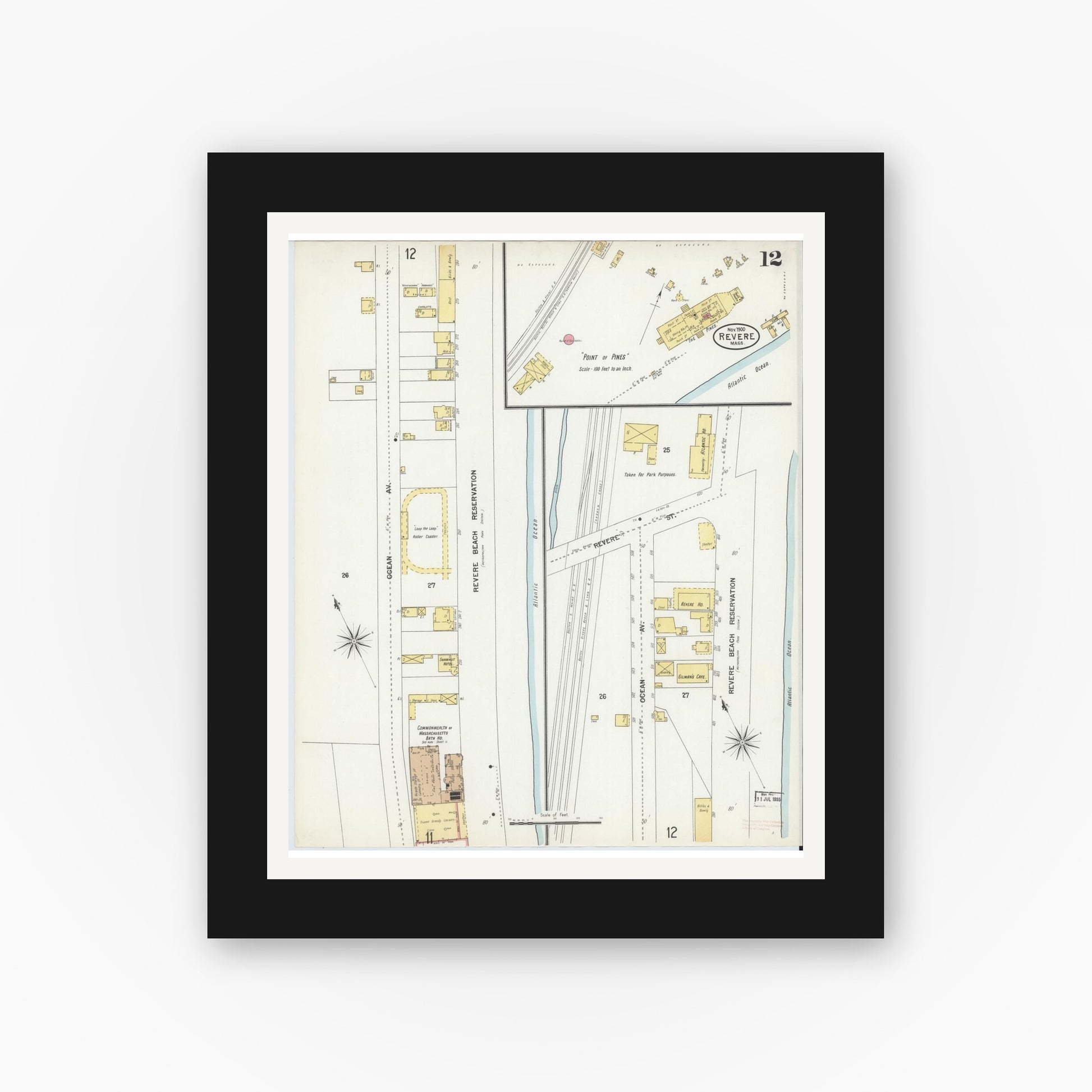 Old map wall art mockup — black gallery frame with white mat — Sanborn Fire Insurance Map from Revere, Suffolk County, Massachusetts (1900), Sheet #0012