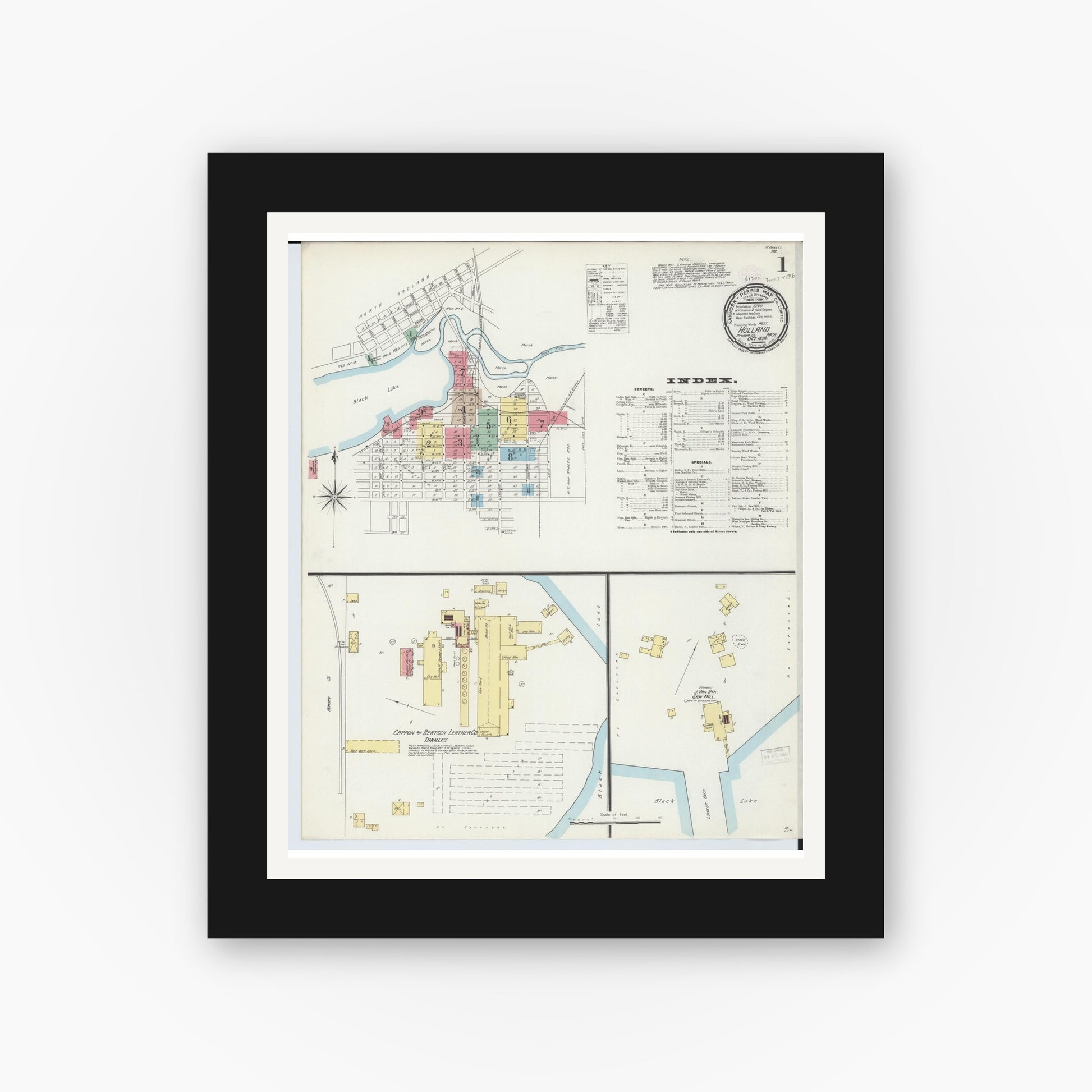 Old map wall art mockup — black gallery frame with white mat — Sanborn Fire Insurance Map from Holland, Ottawa County, Michigan (1896) - Complete Map Set