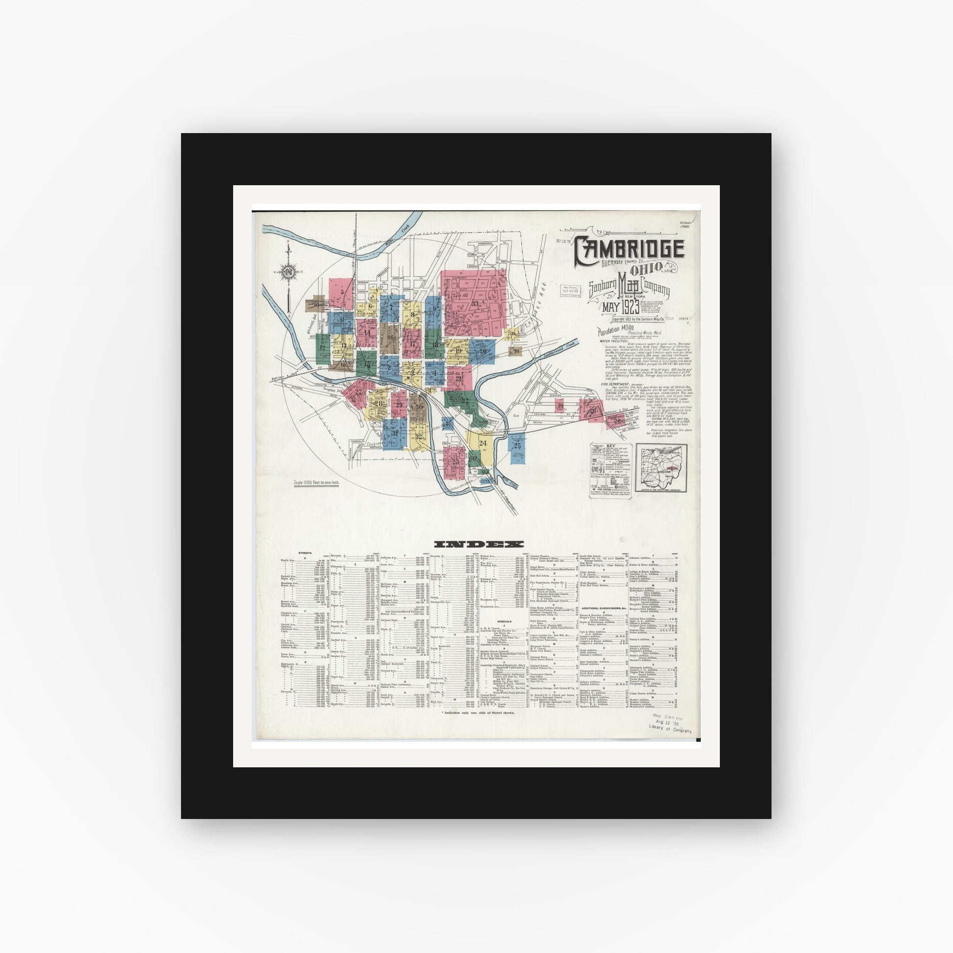 Old map wall art mockup — black gallery frame with white mat — Sanborn Fire Insurance Map from Cambridge, Guernsey County, Ohio (1923), Sheet #0001