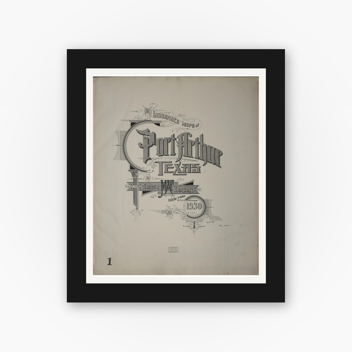 Old map wall art mockup — black gallery frame with white mat — Sanborn Fire Insurance Map from Port Arthur, Jefferson County, Texas (1930), Sheet #0001
