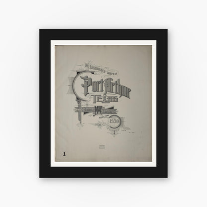 Old map wall art mockup — black gallery frame with white mat — Sanborn Fire Insurance Map from Port Arthur, Jefferson County, Texas (1930), Sheet #0001