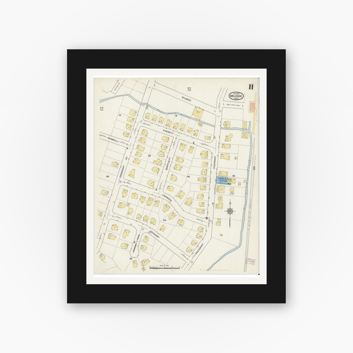 Old map wall art mockup — black gallery frame with white mat — Sanborn Fire Insurance Map from Melrose, Middlesex County, Massachusetts (1915), Sheet #0011
