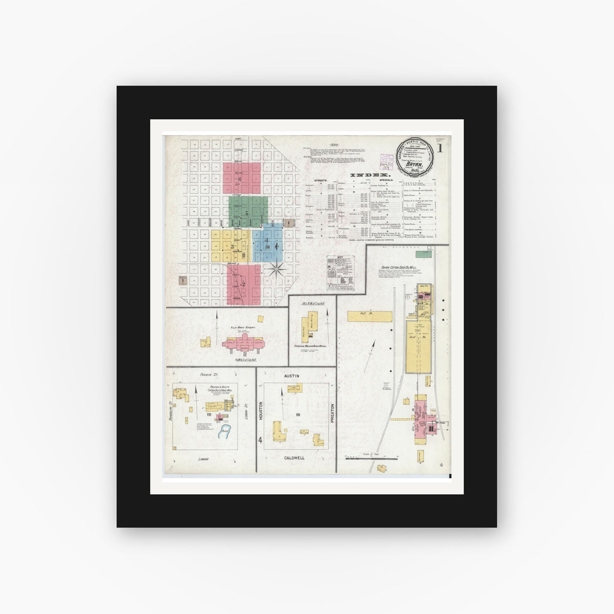 Old map wall art mockup — black gallery frame with white mat — Sanborn Fire Insurance Map from Bryan, Brazos County, Texas (1901) - Complete Map Set