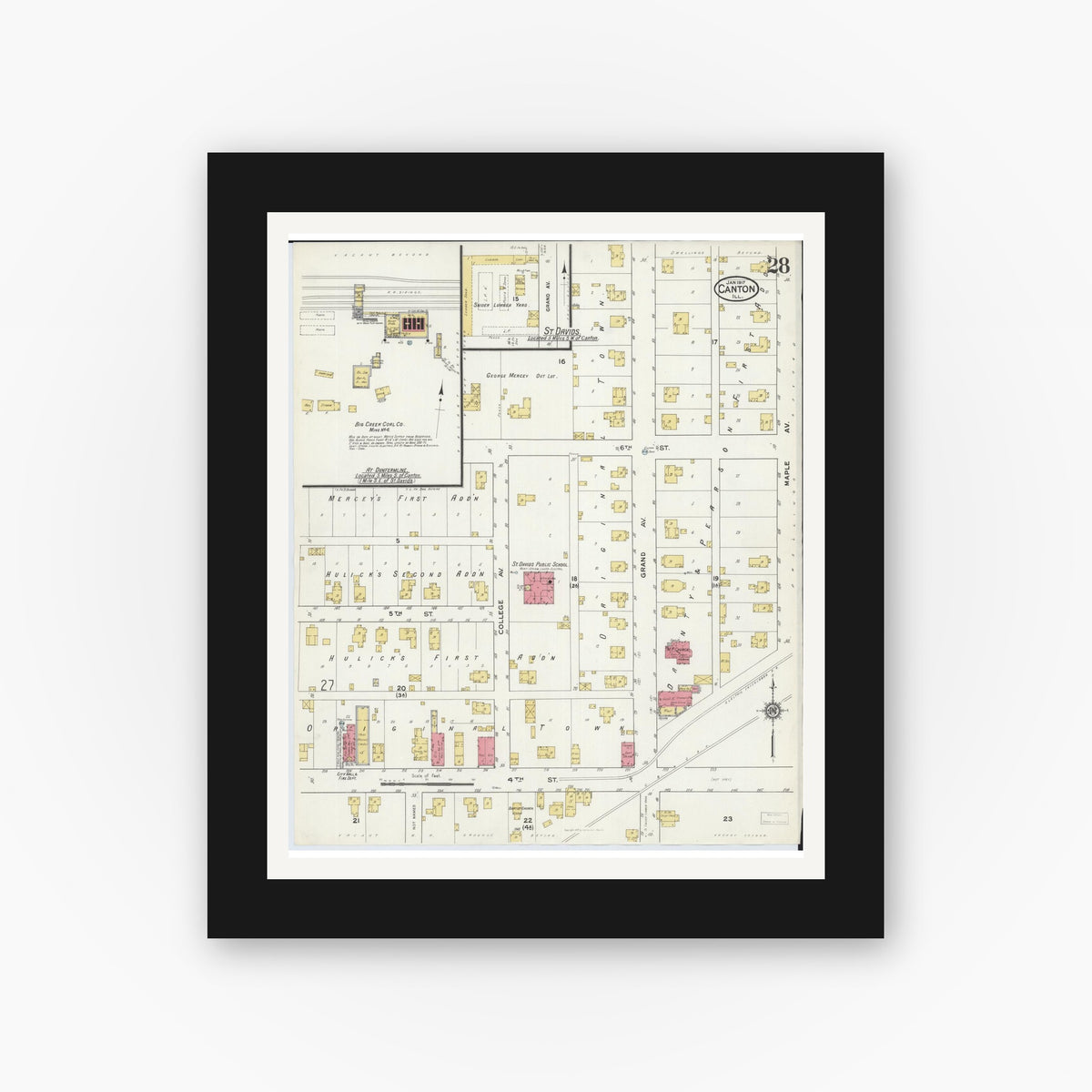 Old map wall art mockup — black gallery frame with white mat — Sanborn Fire Insurance Map from Canton, Fulton County, Illinois (1917), Sheet #0028