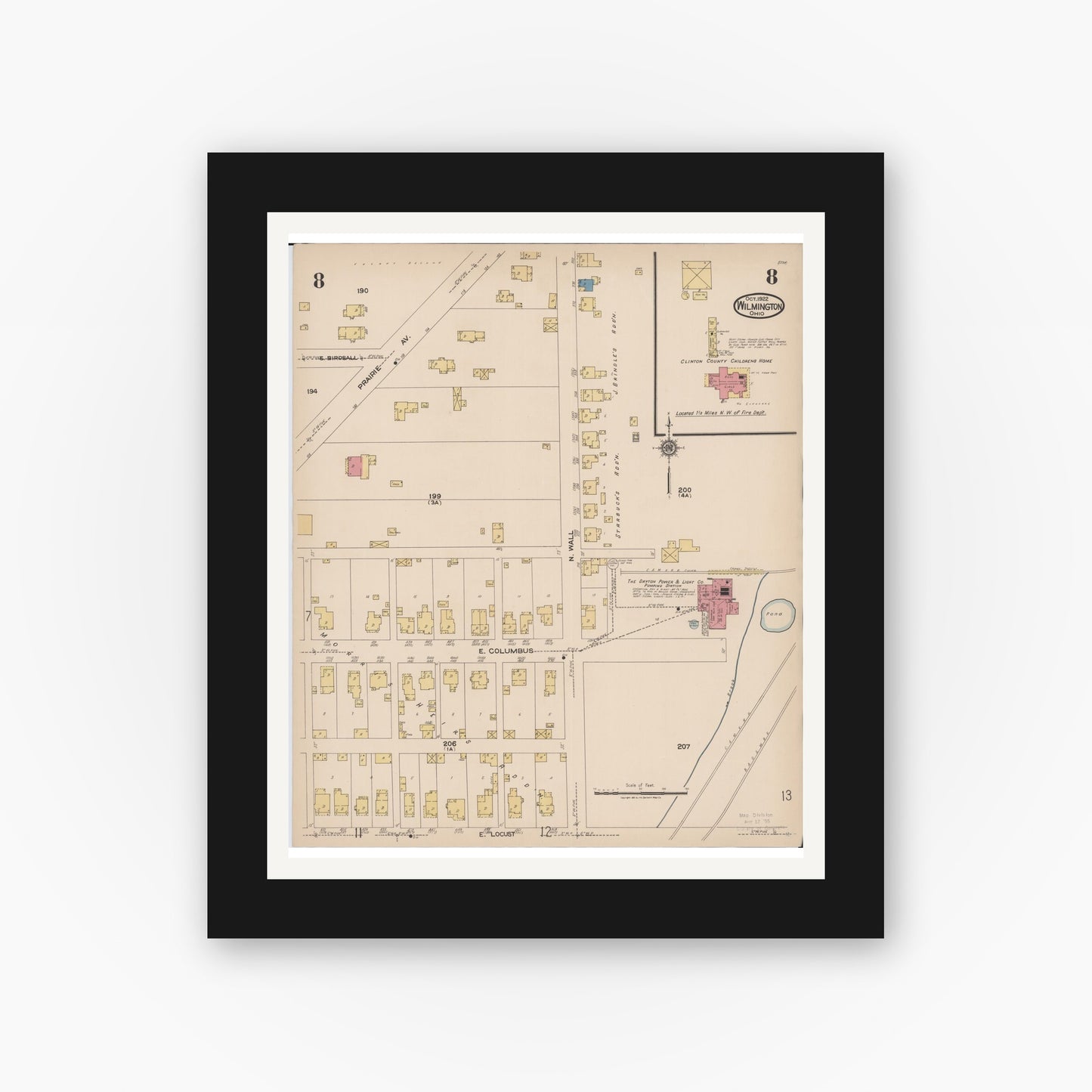 Old map wall art mockup — black gallery frame with white mat — Sanborn Fire Insurance Map from Wilmington, Clinton County, Ohio (1922), Sheet #0008