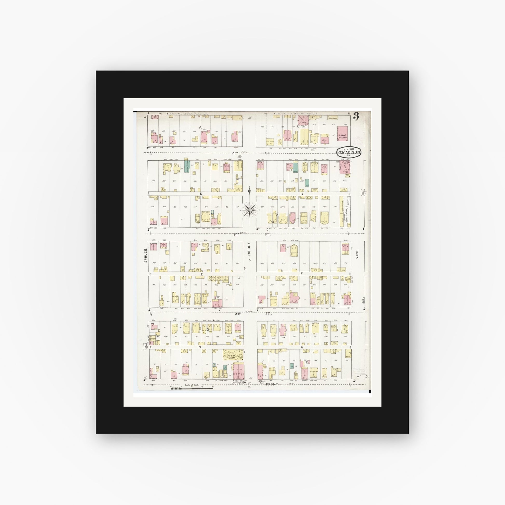 Old map wall art mockup — black gallery frame with white mat — Sanborn Fire Insurance Map from Fort Madison, Lee County, Iowa (1894), Sheet #0003