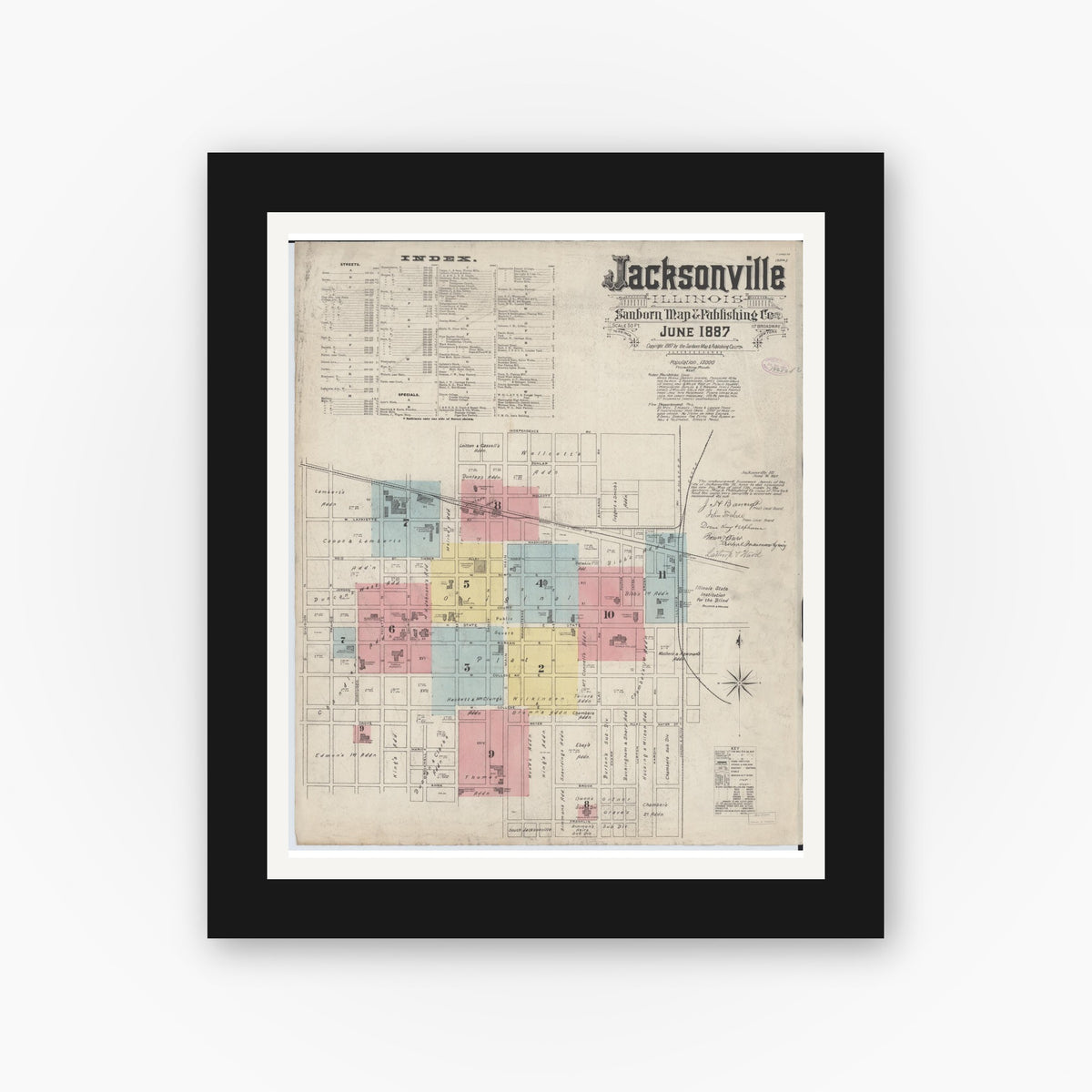 Old map wall art mockup — black gallery frame with white mat — Sanborn Fire Insurance Map from Jacksonville, Morgan County, Illinois (1887) - Complete Map Set